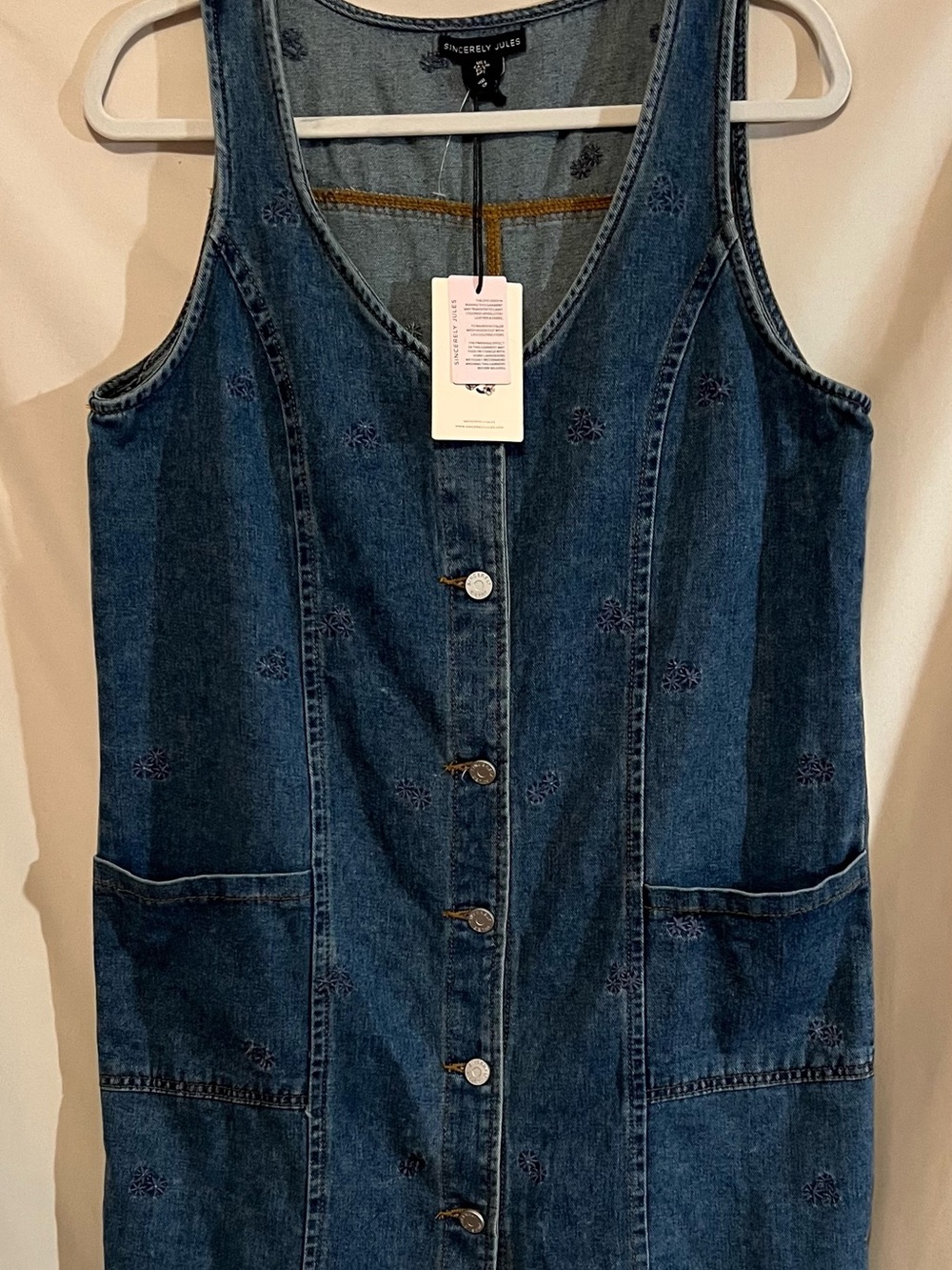 NWT Sincerely Jules Denim Mini Dress with Floral Embroidery Size L